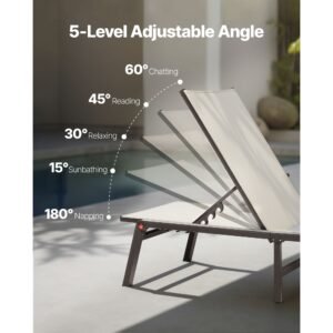 outdoor chaise lounge chair, 400 lbs weight capacity, foldable sun tanning chair, 5 adjustable positions, easy assembly, heavy duty aluminum pool recliner lounge chairs, for beach yard patio
