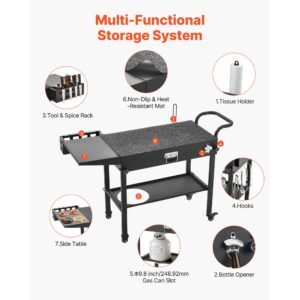 outdoor grill cart, 31.0 x 17.0 inch tabletop size grilling table, foldable outdoor cooking table with tissue holder, hooks, wheels, side table, bbq prep tables for picnic, kitchen, courtyard
