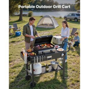 outdoor grill cart, 31.0 x 17.0 inch tabletop size grilling table, foldable outdoor cooking table with tissue holder, wheels, magnetic tool rack, bbq prep tables for picnic, kitchen, courtyard