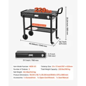 outdoor grill cart, 31.0 x 17.0 inch tabletop size grilling table, foldable outdoor cooking table with tissue holder, wheels, magnetic tool rack, bbq prep tables for picnic, kitchen, courtyard