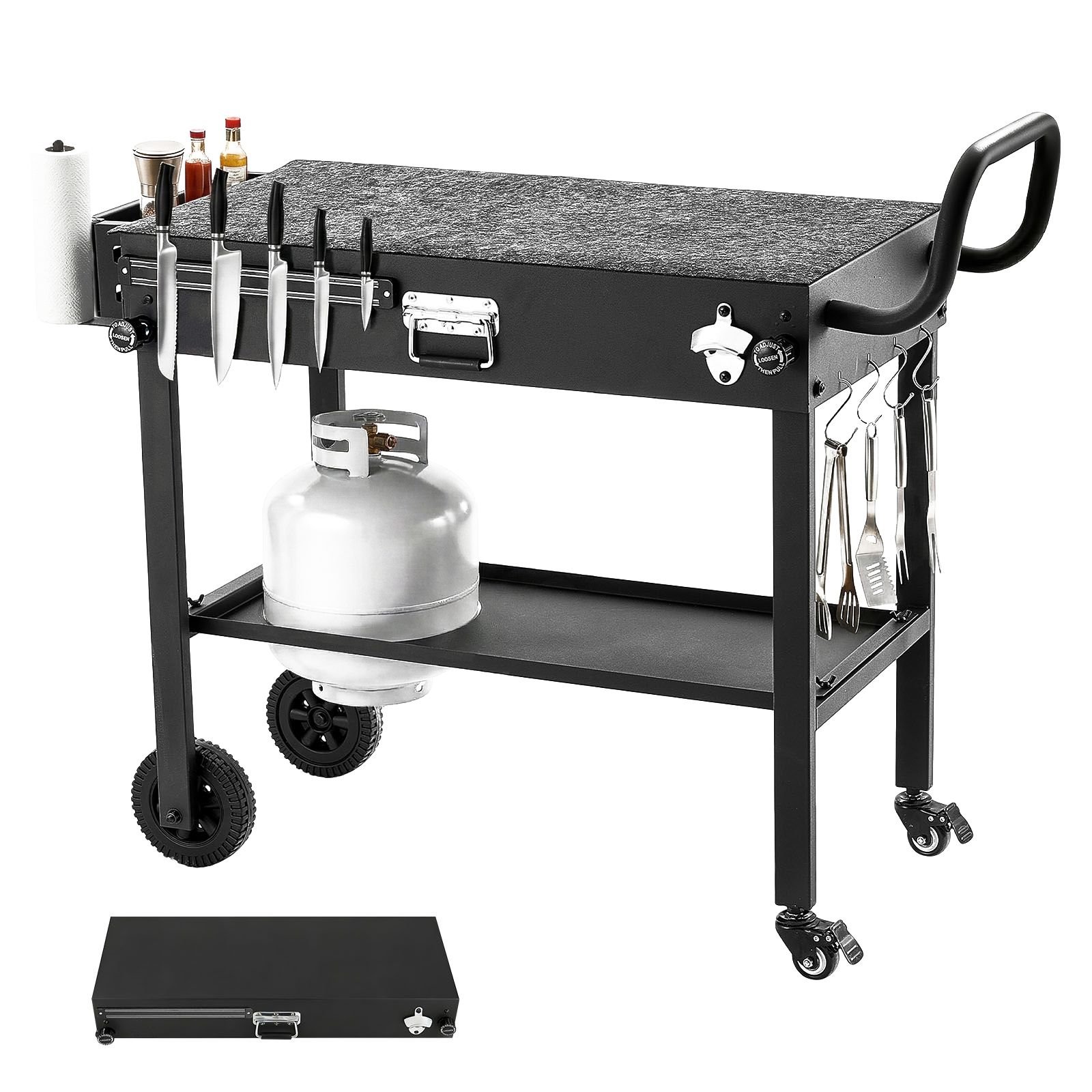 outdoor grill cart, 31.0 x 17.0 inch tabletop size grilling table, foldable outdoor cooking table with tissue holder, wheels, magnetic tool rack, bbq prep tables for picnic, kitchen, courtyard