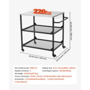 outdoor grill cart, 31.5 x 24.0 inch stainless steel tabletop size grilling table, outdoor cooking table with 4 wheels & side handle, two mesh shelves, bbq prep tables for patio, garden
