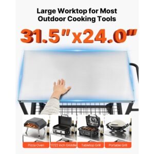 outdoor grill cart, 31.5 x 24.0 inch stainless steel tabletop size grilling table, outdoor cooking table with 4 wheels & side handle, two mesh shelves, bbq prep tables for patio, garden