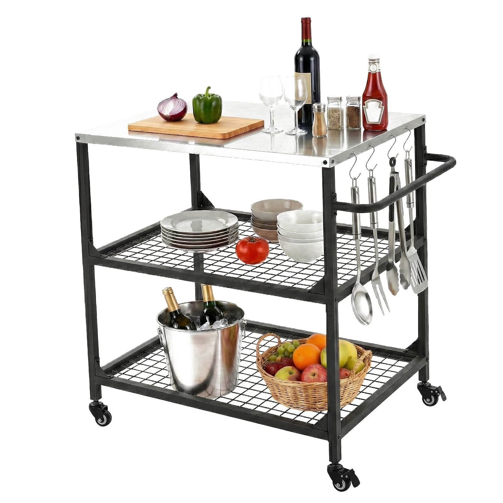 outdoor grill cart, 31.5 x 24.0 inch stainless steel tabletop size grilling table, outdoor cooking table with 4 wheels & side handle, two mesh shelves, bbq prep tables for patio, garden