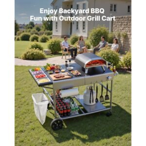 outdoor grill cart, 36.4 x 23.4 x 1 inch tabletop size grilling table, movable outdoor cooking table with 4 spice containers, wheels, lids, hooks, bbq prep tables for picnic, kitchen, courtyard