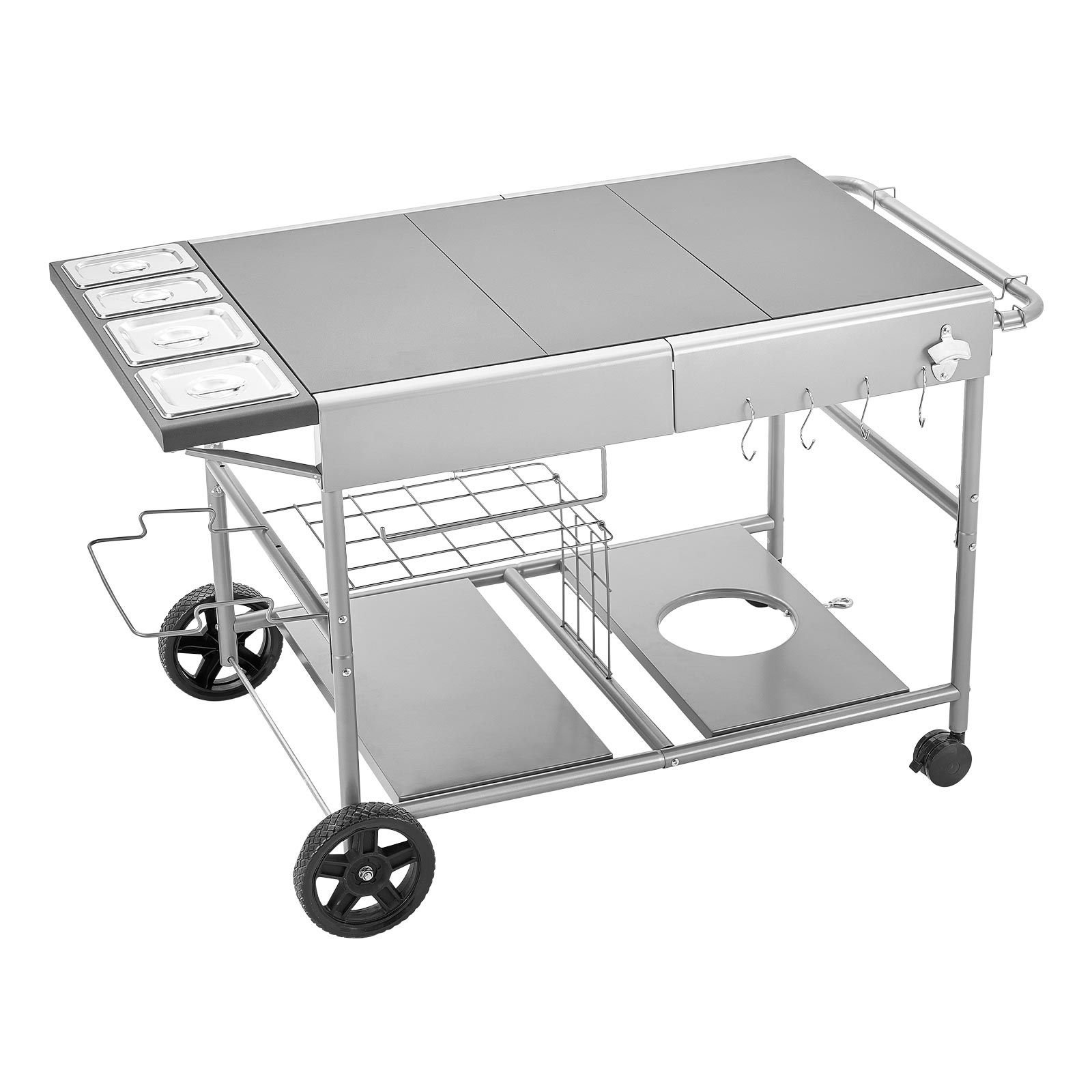 outdoor grill cart, 36.4 x 23.4 x 1 inch tabletop size grilling table, movable outdoor cooking table with 4 spice containers, wheels, lids, hooks, bbq prep tables for picnic, kitchen, courtyard
