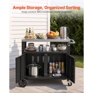 outdoor grill cart with storage cabinet, 36.4 inch grill table, waterproof kitchen island with stainless steel top, shelf, and wheels, movable food prep station for patio bar backyard bbq