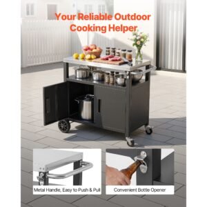 outdoor grill cart with storage cabinet, 36.4 inch grill table, waterproof kitchen island with stainless steel top, shelf, and wheels, movable food prep station for patio bar backyard bbq