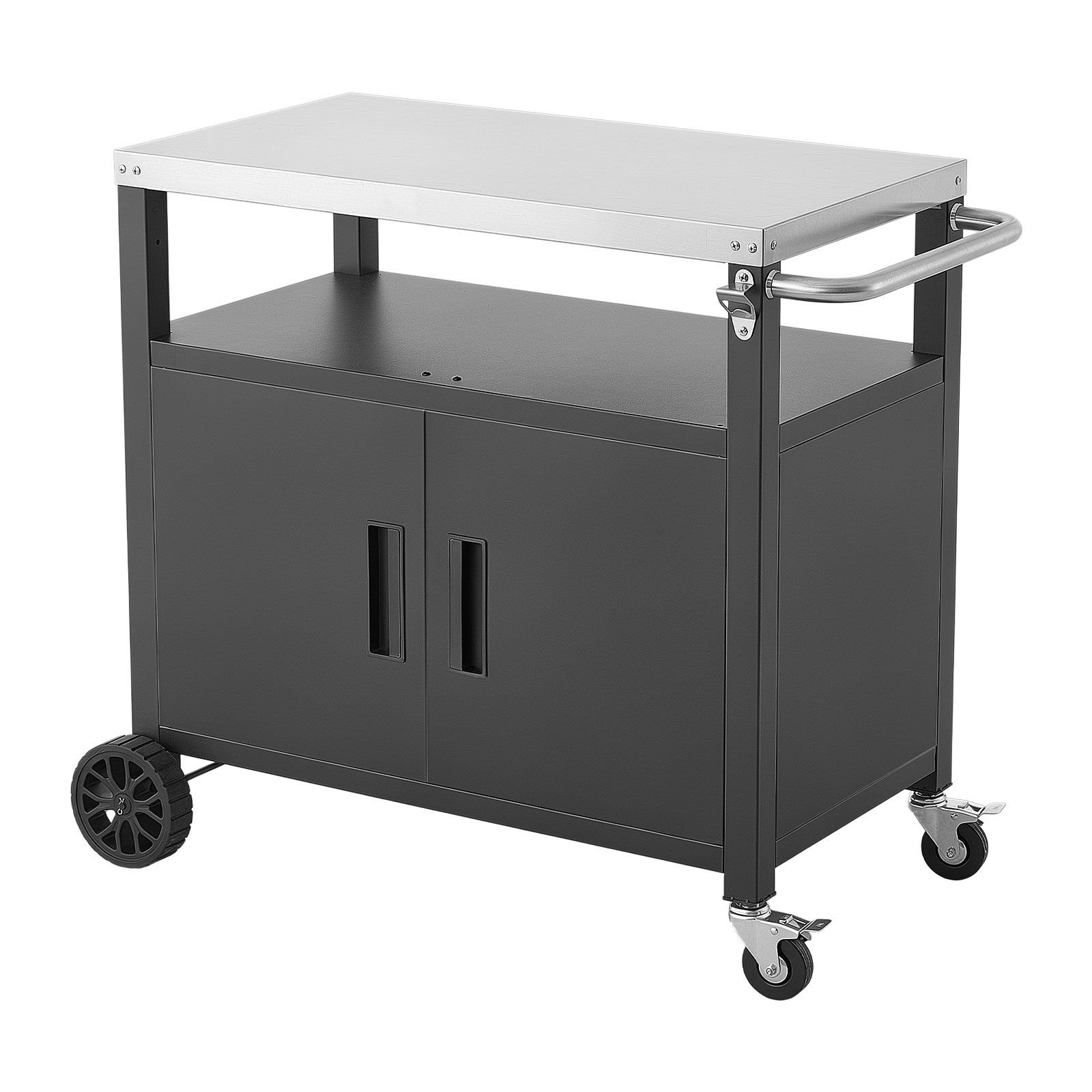 outdoor grill cart with storage cabinet, 36.4 inch grill table, waterproof kitchen island with stainless steel top, shelf, and wheels, movable food prep station for patio bar backyard bbq