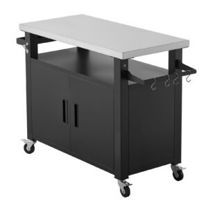 Outdoor Grill Cart with Storage Cabinet, 53.1 Inch Grill Table, Waterproof Kitchen Island with Stainless Steel Top, Shelf, and Wheels, Movable Food Prep Station for Patio Bar Backyard BBQ