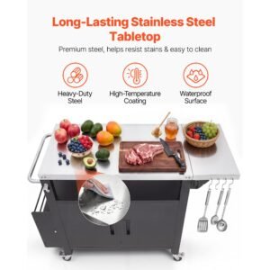 outdoor grill cart with storage cabinet, 55.1 inch grill table, waterproof kitchen island with stainless steel top, shelf, and wheels, movable food prep station for patio bar backyard bbq