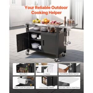 outdoor grill cart with storage cabinet, 55.1 inch grill table, waterproof kitchen island with stainless steel top, shelf, and wheels, movable food prep station for patio bar backyard bbq