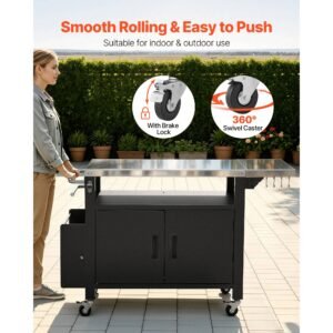 outdoor grill cart with storage cabinet, 55.1 inch grill table, waterproof kitchen island with stainless steel top, shelf, and wheels, movable food prep station for patio bar backyard bbq