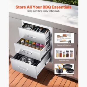 outdoor kitchen drawers 18.11" w x 23.23" d x 23.23" h, triple access stainless steel modular drawer cabinet with handles, bbq island drawer for outdoor kitchen or bbq island patio grill station