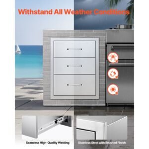 outdoor kitchen drawers 18.11" w x 23.23" d x 23.23" h, triple access stainless steel modular drawer cabinet with handles, bbq island drawer for outdoor kitchen or bbq island patio grill station