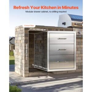 outdoor kitchen drawers 18.11" w x 23.23" d x 23.23" h, triple access stainless steel modular drawer cabinet with handles, bbq island drawer for outdoor kitchen or bbq island patio grill station