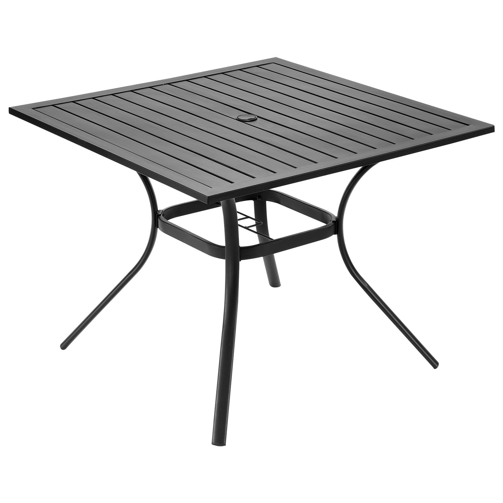 outdoor patio dining table, 37 inch square metal steel slat backyard bistro tables, with 1.5 in umbrella hole, outside all weather large furniture for lawn garden porch, black