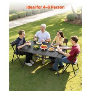 outdoor patio dining table, 59 inch long rectangular metal steel slat backyard bistro tables for 4 6, with 1.5 in umbrella hole, all weather large furniture for lawn garden porch, black