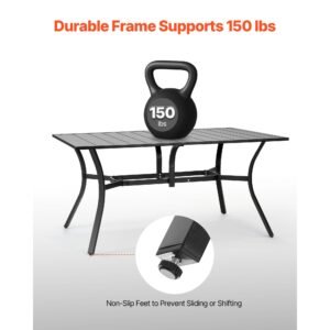 outdoor patio dining table, 59 inch long rectangular metal steel slat backyard bistro tables for 4 6, with 1.5 in umbrella hole, all weather large furniture for lawn garden porch, black