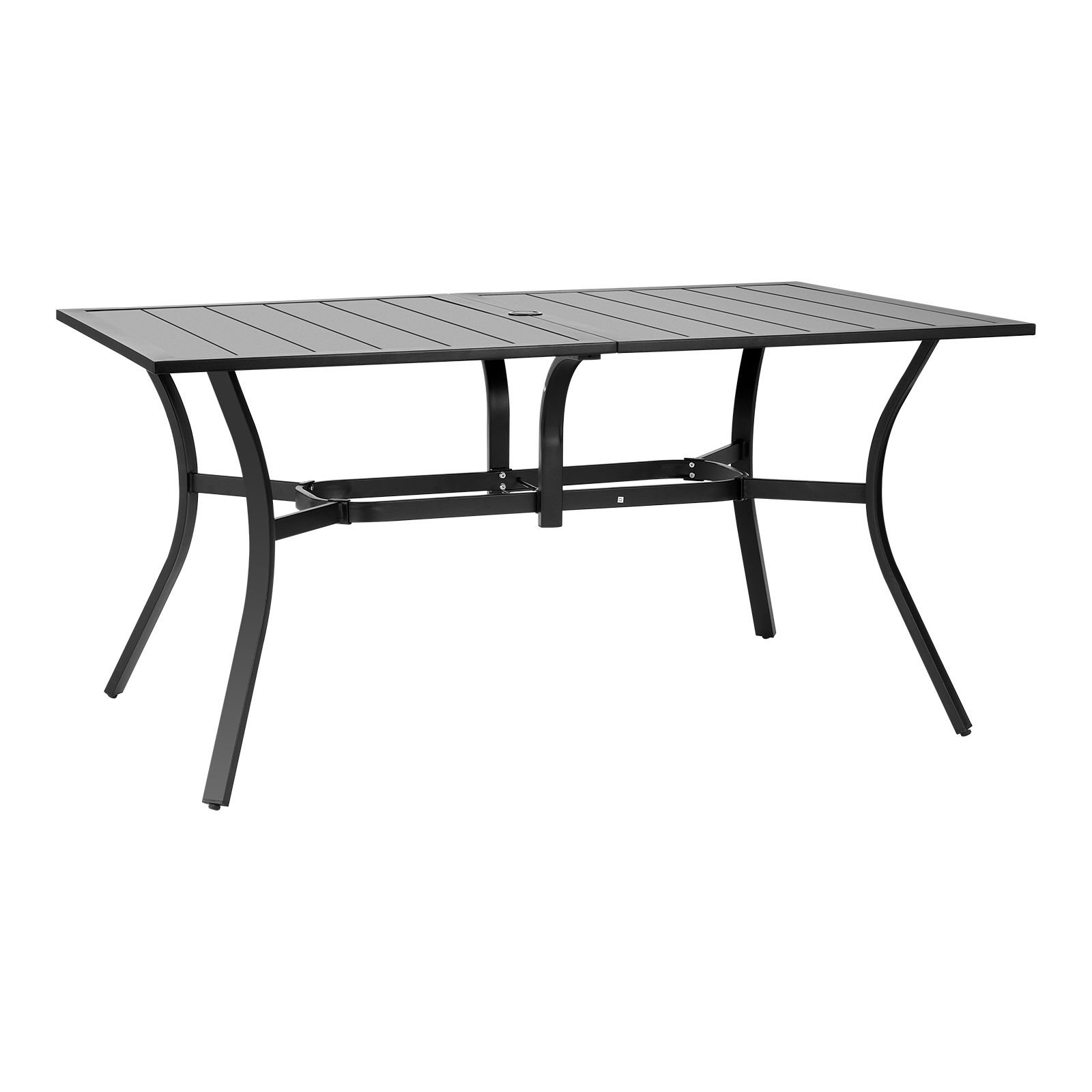 outdoor patio dining table, 59 inch long rectangular metal steel slat backyard bistro tables for 4 6, with 1.5 in umbrella hole, all weather large furniture for lawn garden porch, black
