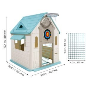 outdoor playhouse, 5 in 1 cottage play house with pretend play, basketball, darts, soccer, ring toss, window & convenient door, toddler slide set for aged 2+, smooth edges, polypropylene plastic
