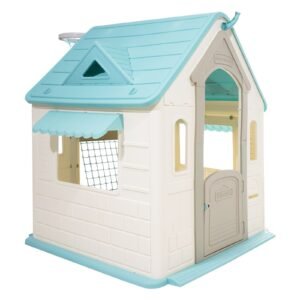 outdoor playhouse, 5 in 1 cottage play house with pretend play, basketball, darts, soccer, ring toss, window & convenient door, toddler slide set for aged 2+, smooth edges, polypropylene plastic