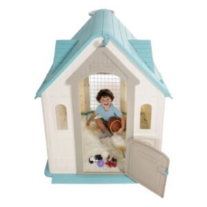 outdoor playhouse, 5 in 1 cottage play house with pretend play, basketball, darts, soccer, ring toss, window & convenient door, toddler slide set for aged 2+, smooth edges, polypropylene plastic