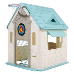 outdoor playhouse, 5 in 1 cottage play house with pretend play, basketball, darts, soccer, ring toss, window & convenient door, toddler slide set for aged 2+, smooth edges, polypropylene plastic