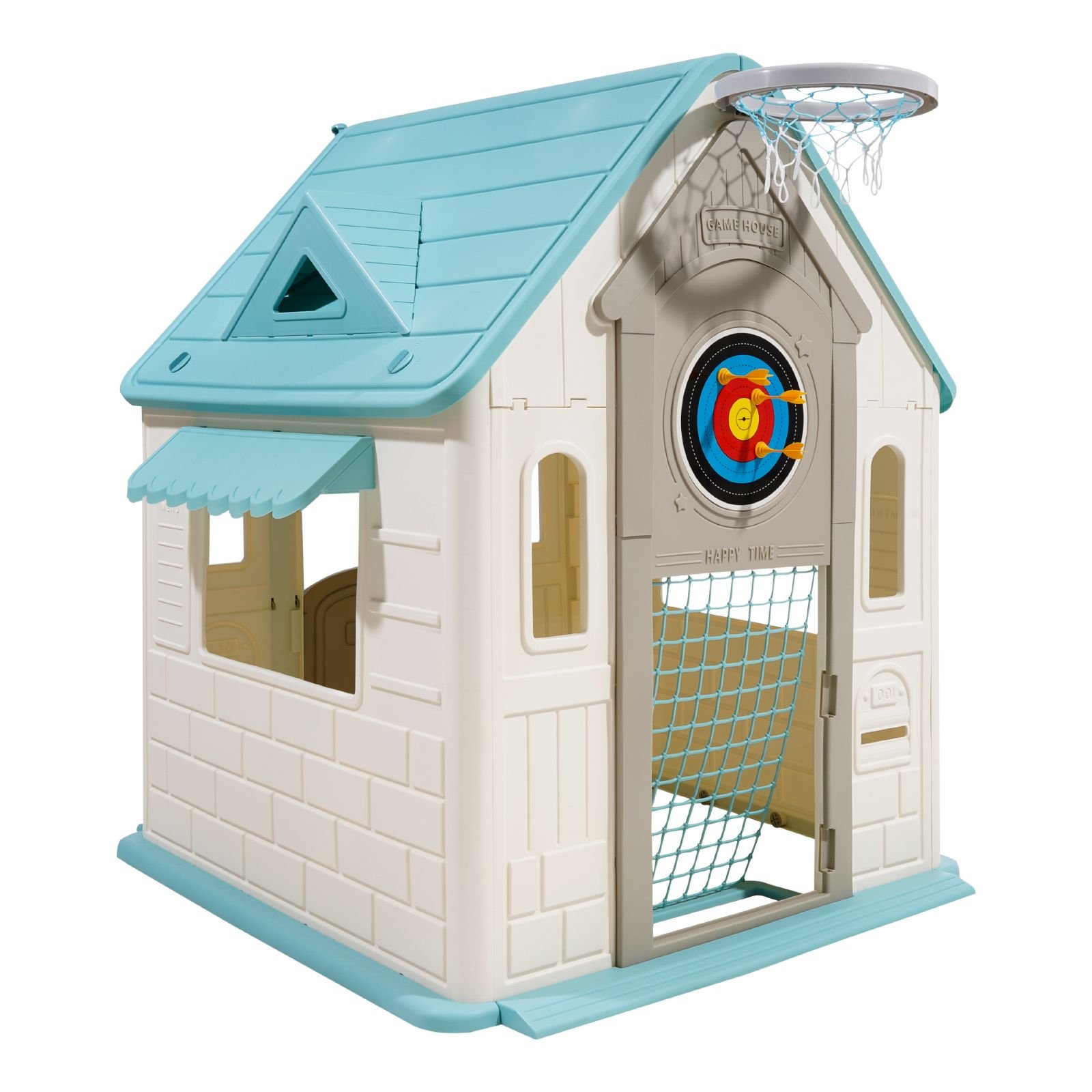 outdoor playhouse, 5 in 1 cottage play house with pretend play, basketball, darts, soccer, ring toss, window & convenient door, toddler slide set for aged 2+, smooth edges, polypropylene plastic