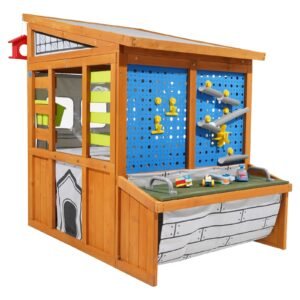 Outdoor Playhouse, Cedar Wooden Kids Playhouse with Bird Nest, Doorbell, Trash Bin, Gravity Wall Set, Storage Pocket, Windowsill, Wooden Kids Cottage for Aged 3 to 10, Rounded Corners