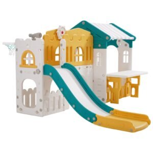 Outdoor Playhouse, Versatile Toddler Playground with Slide, Basketball, Telescope, Steering Wheel, Crawling Tunnel, Sales Window, Toddler Playset for Aged 1+, Open Play Structure, HDPE Plastic