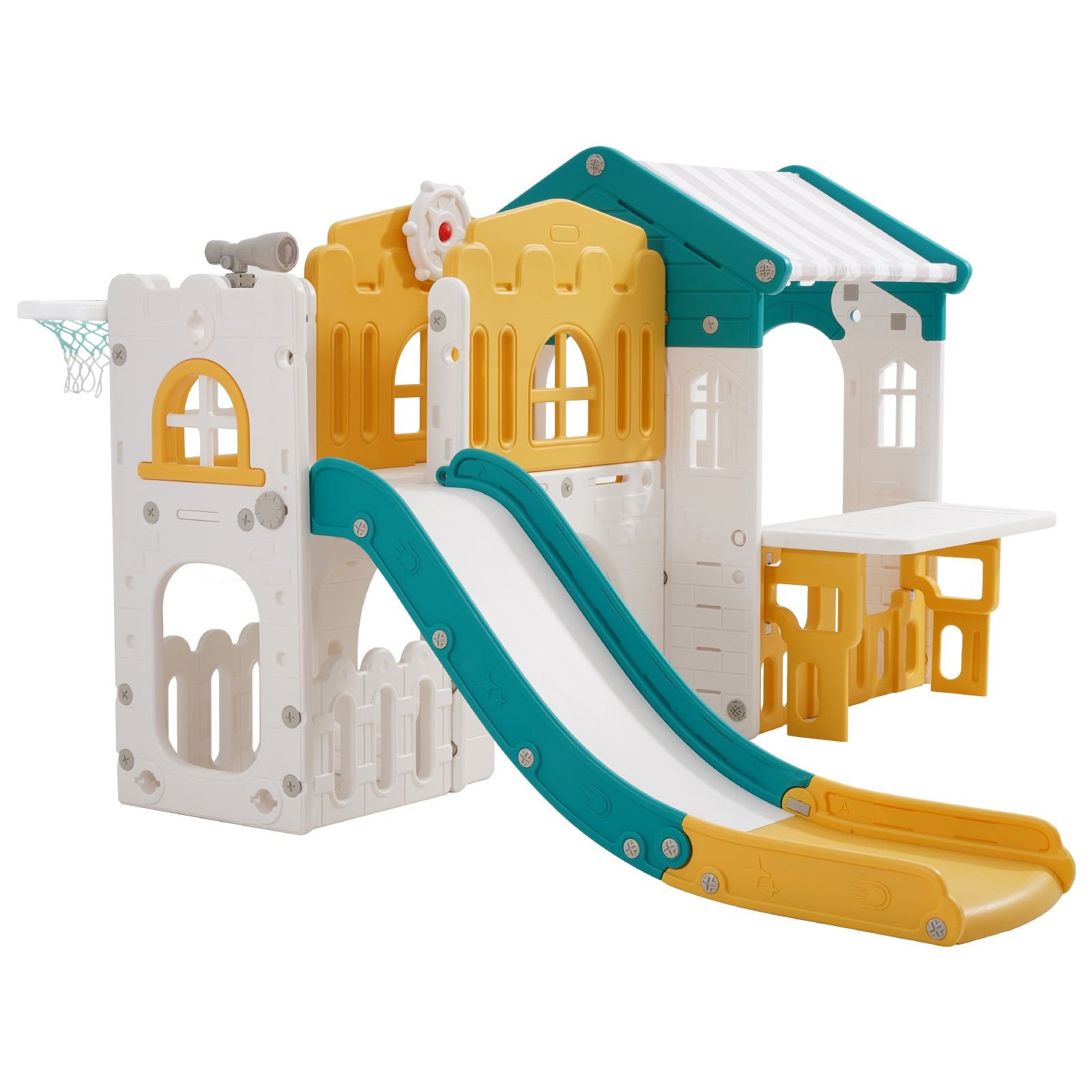 outdoor playhouse, versatile toddler playground with slide, basketball, telescope, steering wheel, crawling tunnel, sales window, toddler playset for aged 1+, open play structure, hdpe plastic