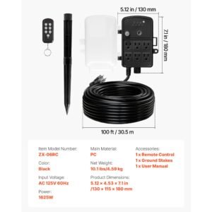 outdoor power stake, 100ft extension cord, outdoor power strip weatherproof with cover, remote control dusk to dawn light timer waterproof, 6 outlets, 1625w/13a, for christmas lights, garden
