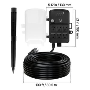 outdoor power stake, 100ft extension cord, outdoor power strip weatherproof with cover, remote control dusk to dawn light timer waterproof, 6 outlets, 1625w/13a, for christmas lights, garden
