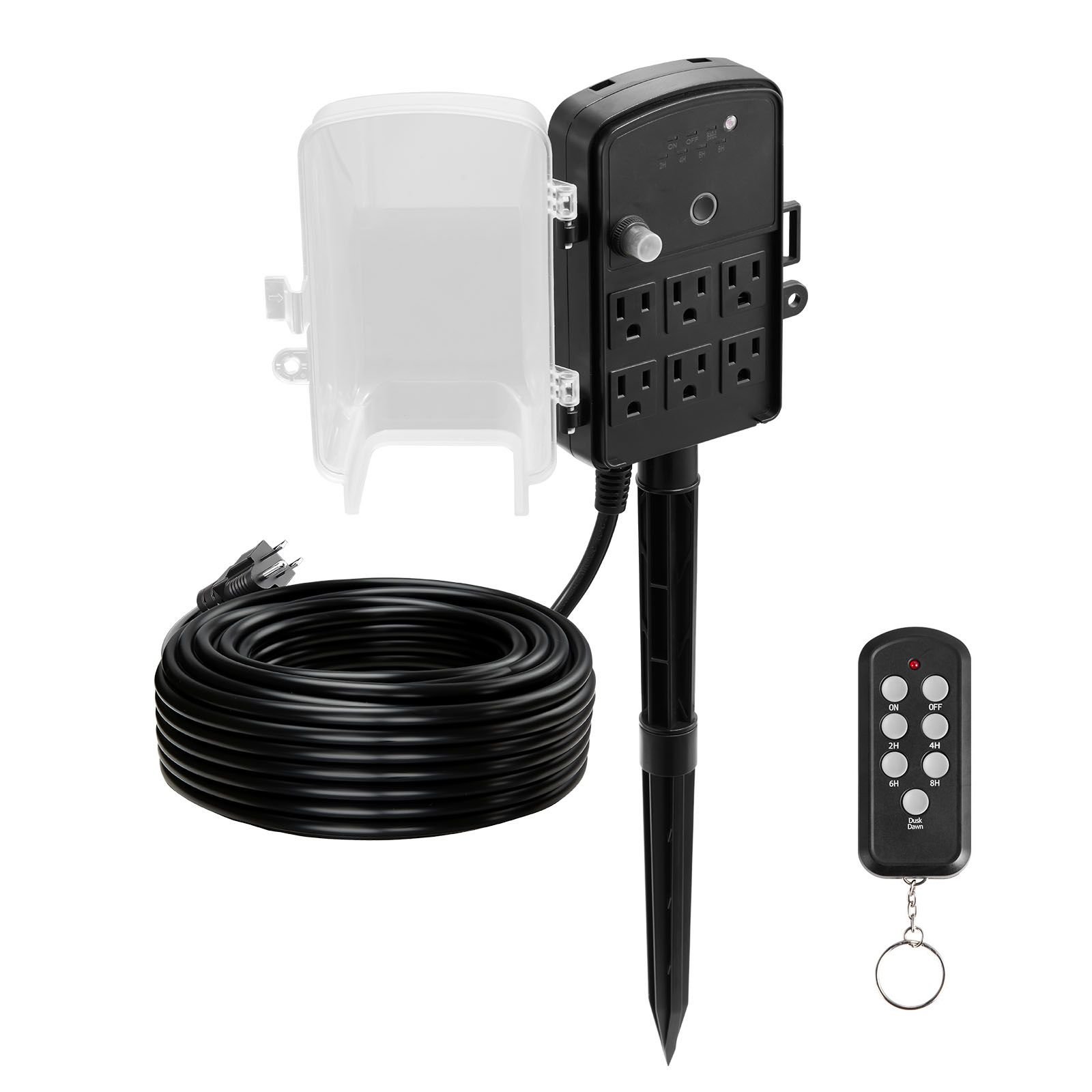 outdoor power stake, 100ft extension cord, outdoor power strip weatherproof with cover, remote control dusk to dawn light timer waterproof, 6 outlets, 1625w/13a, for christmas lights, garden