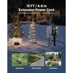 outdoor power stake, 15 ft extension cord, outdoor power strip weatherproof with cover and overload protection, 6 outlets, 15a/1875w, waterproof multi outlet yard stake for christmas lights