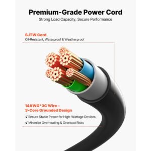 outdoor power stake, 15 ft extension cord, outdoor power strip weatherproof with cover and overload protection, 6 outlets, 15a/1875w, waterproof multi outlet yard stake for christmas lights