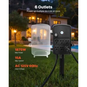 outdoor power stake, 25 ft extension cord, outdoor power strip weatherproof with cover and overload protection, 6 outlets, 15a/1875w, waterproof multi outlet yard stake for christmas lights
