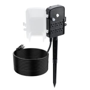 outdoor power stake, 25 ft extension cord, outdoor power strip weatherproof with cover and overload protection, 6 outlets, 15a/1875w, waterproof multi outlet yard stake for christmas lights