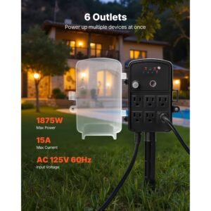 outdoor power stake, 25ft extension cord, outdoor power strip weatherproof with cover, remote control dusk to dawn light timer waterproof, 6 outlets, 1875w/15a, for christmas lights, garden