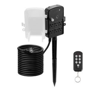 Outdoor Power Stake, 25FT Extension Cord, Outdoor Power Strip Weatherproof with Cover, Remote Control Dusk to Dawn Light Timer Waterproof, 6 Outlets, 1875W/15A, for Christmas Lights, Garden