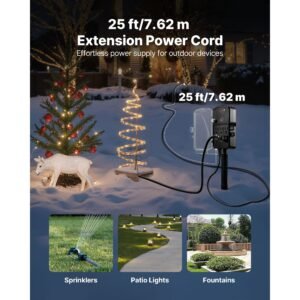 outdoor power stake, 25ft extension cord, outdoor power strip weatherproof with cover, remote control dusk to dawn light timer waterproof, 6 outlets, 1875w/15a, for christmas lights, garden