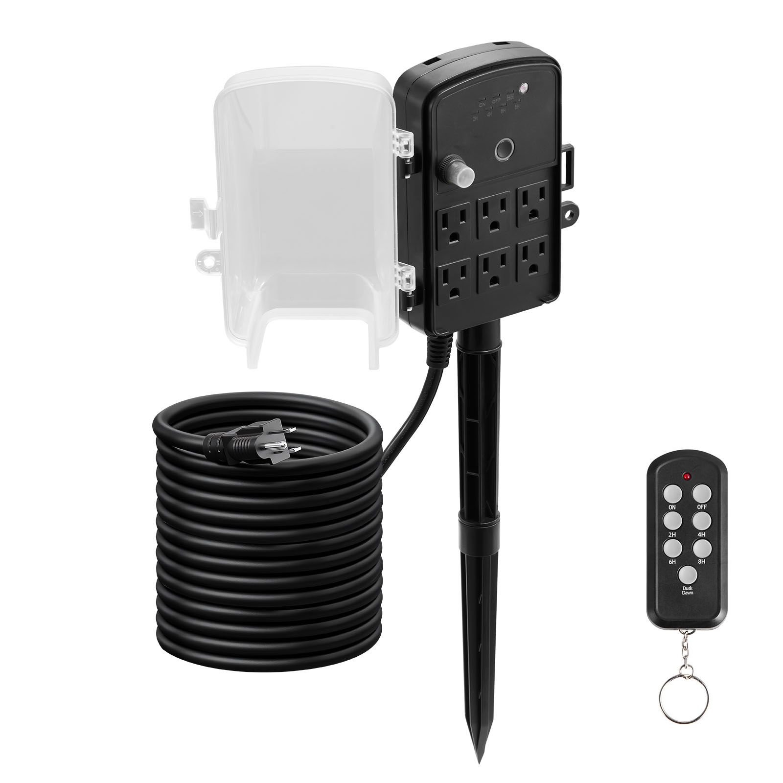 outdoor power stake, 25ft extension cord, outdoor power strip weatherproof with cover, remote control dusk to dawn light timer waterproof, 6 outlets, 1875w/15a, for christmas lights, garden