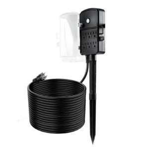 outdoor power stake, 50 ft extension cord, outdoor power strip weatherproof with cover and overload protection, 6 outlets, 15a/1875w, waterproof multi outlet yard stake for christmas lights