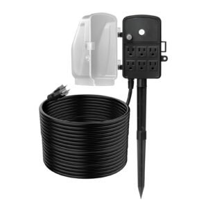 outdoor power stake, 50 ft extension cord, outdoor power strip weatherproof with cover and overload protection, 6 outlets, 15a/1875w, waterproof multi outlet yard stake for christmas lights