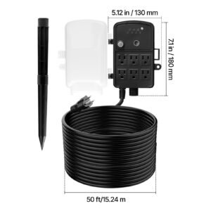 outdoor power stake, 50ft extension cord, outdoor power strip weatherproof with cover, remote control dusk to dawn light timer waterproof, 6 outlets, 1875w/15a, for christmas lights, garden