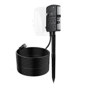 outdoor power stake, 50ft extension cord, outdoor power strip weatherproof with cover, remote control dusk to dawn light timer waterproof, 6 outlets, 1875w/15a, for christmas lights, garden