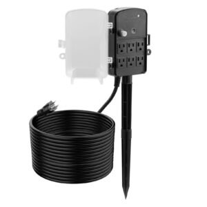 outdoor power stake, 50ft extension cord, outdoor power strip weatherproof with cover, remote control dusk to dawn light timer waterproof, 6 outlets, 1875w/15a, for christmas lights, garden