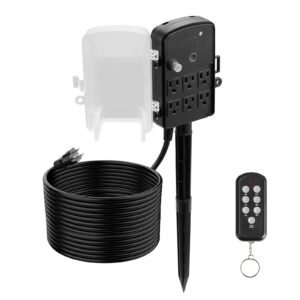 Outdoor Power Stake, 50FT Extension Cord, Outdoor Power Strip Weatherproof with Cover, Remote Control Dusk to Dawn Light Timer Waterproof, 6 Outlets, 1875W/15A, for Christmas Lights, Garden