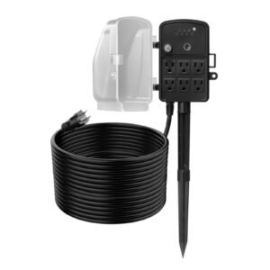 outdoor power stake, 50ft extension cord, outdoor power strip weatherproof with cover, remote control dusk to dawn light timer waterproof, 6 outlets, 1875w/15a, for christmas lights, garden